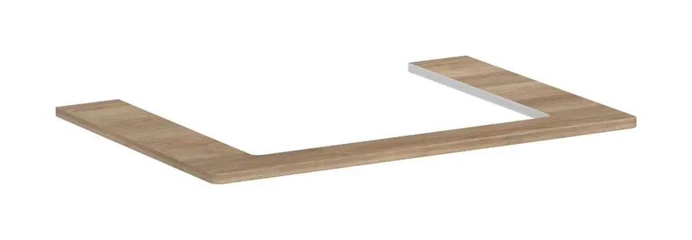 Holzplatte in U-Form mit mittigem Ausschnitt, geeignet für einen Aufsatzwaschtisch. Produkt von Hansgrohe, aus Eiche Natur, geschliffen.